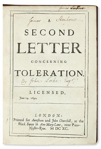 LOCKE, JOHN. A Second Letter concerning Toleration.  1690.  Lacks half-title + A Third Letter for Toleration.  1692